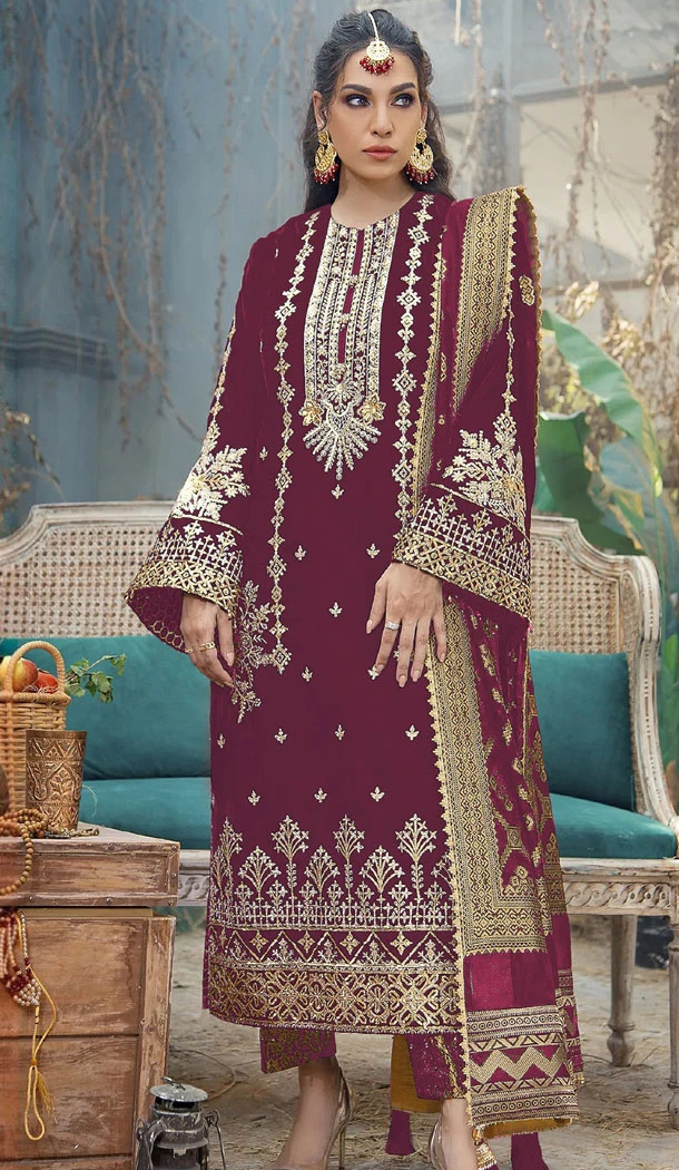 Georgette Wine Color Embroidery Work Pakistani Salwar Suit - 8430182391
