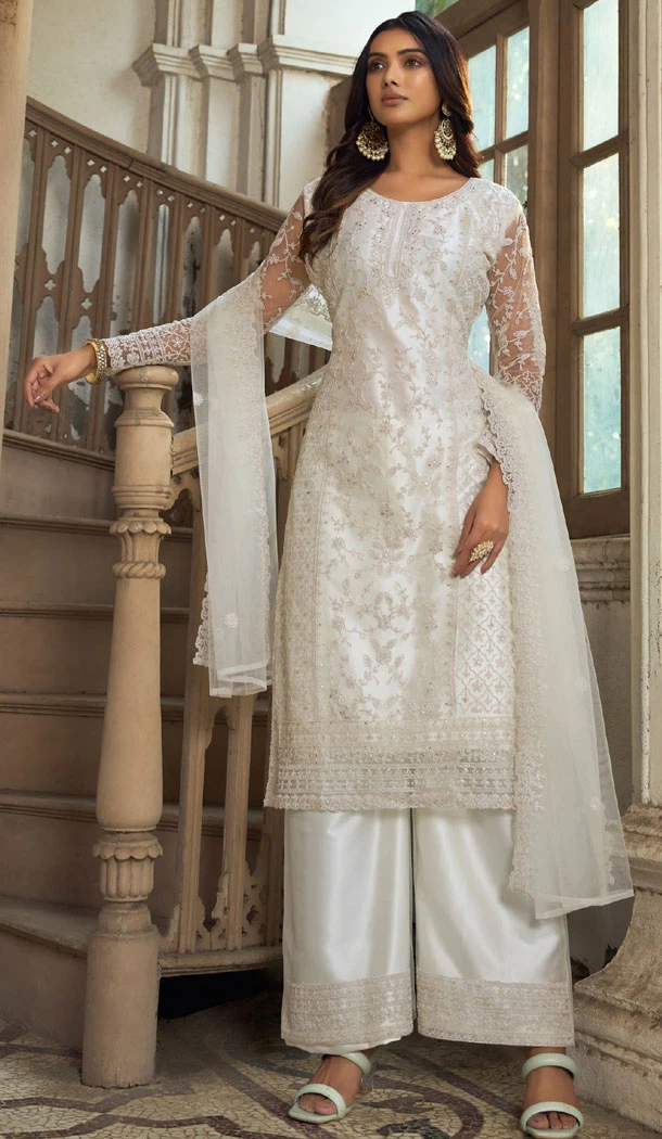 White Butterfly Net Embroidery Work Pakistani Palazzo Suit - 8439182436