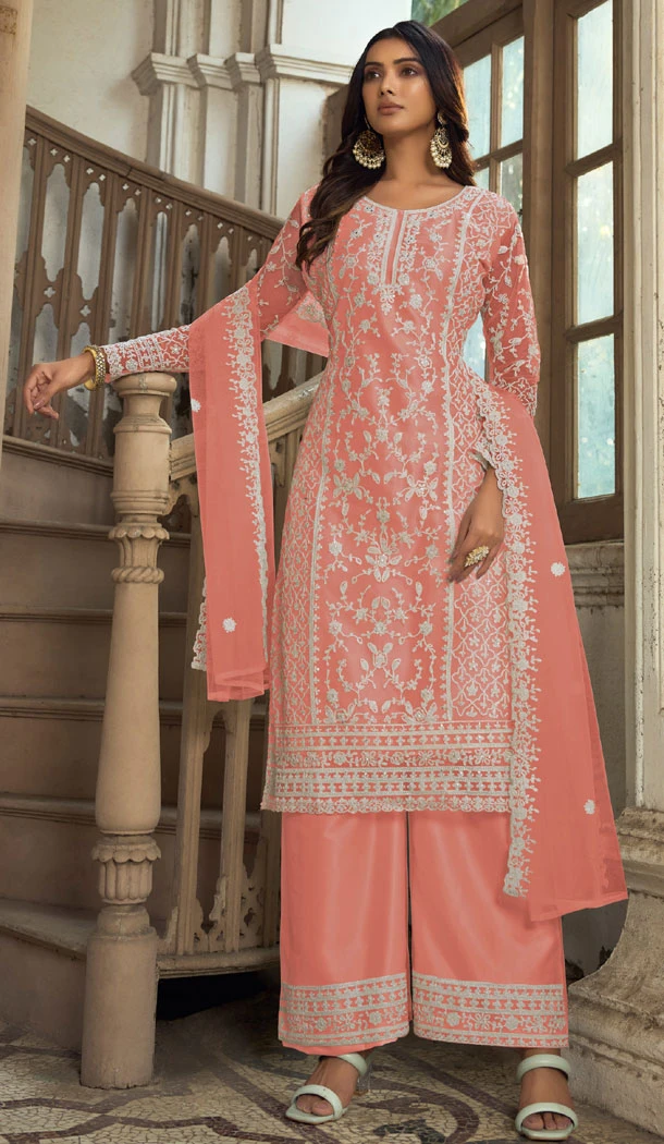 Peach Butterfly Net Embroidery Work Pakistani Palazzo Suit - 8439182437