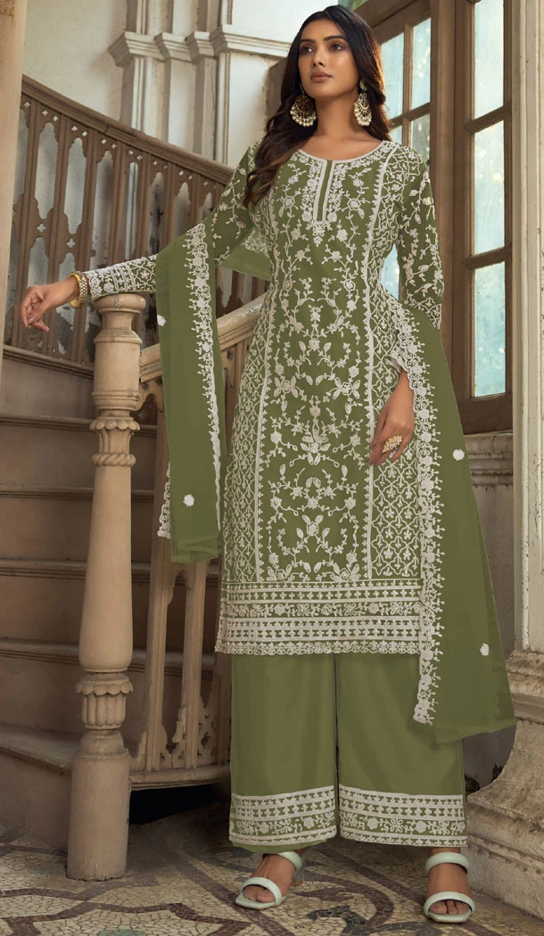 Mehendi Green Butterfly Net Embroidery Work Pakistani Palazzo Suit - 8439182439