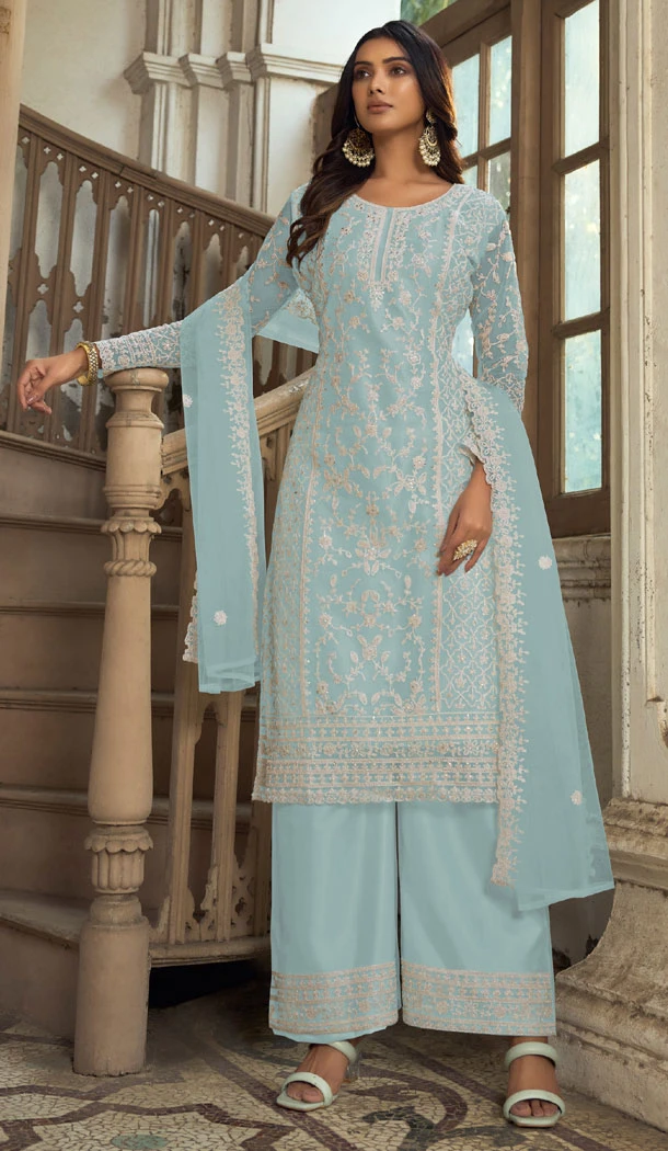 Sky Blue Butterfly Net Embroidery Work Pakistani Palazzo Suit - 8439182440