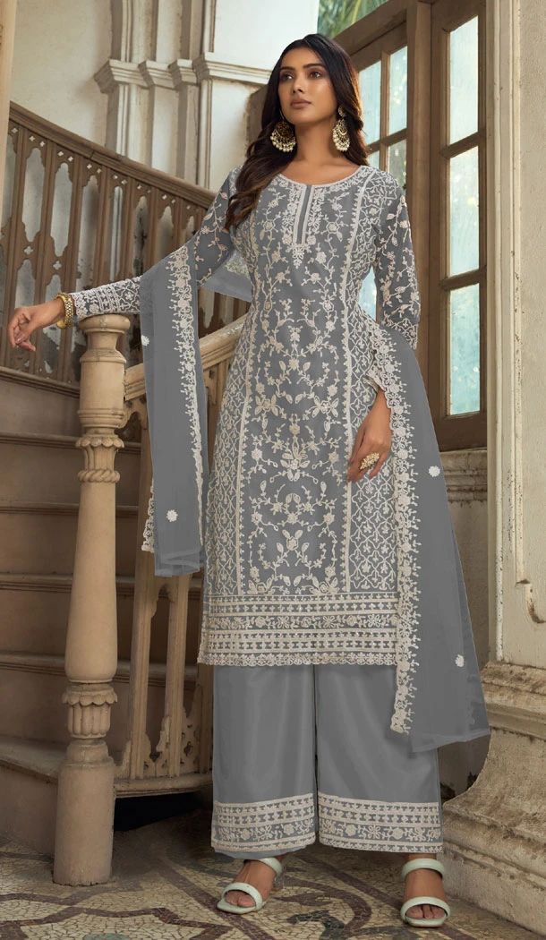 Grey Butterfly Net Embroidery Work Pakistani Palazzo Suit - 8439182441