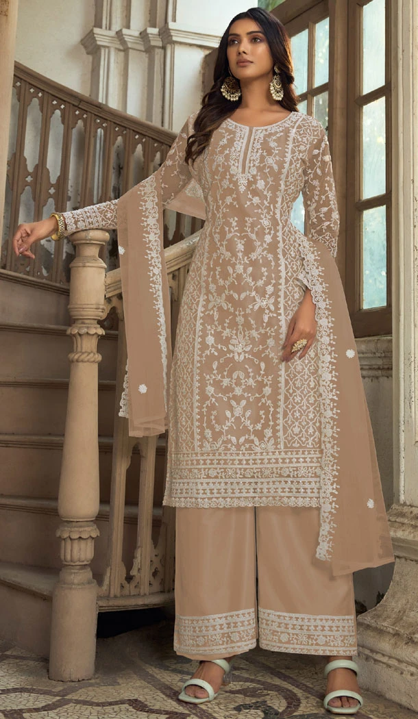 Beige Butterfly Net Embroidery Work Pakistani Palazzo Suit - 8439182442