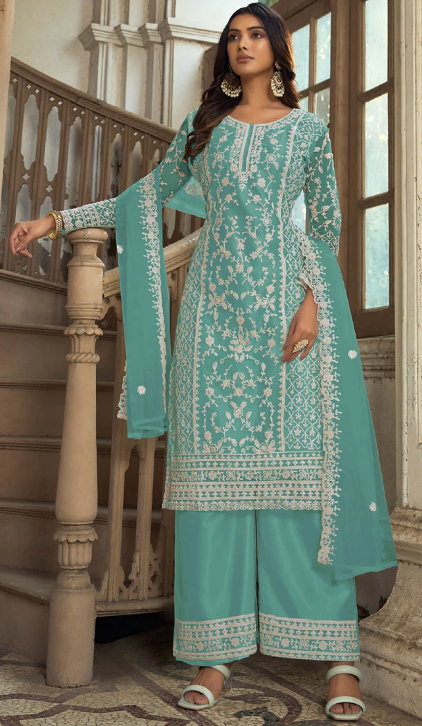Mint Butterfly Net Embroidery Work Pakistani Palazzo Suit - 8439182443