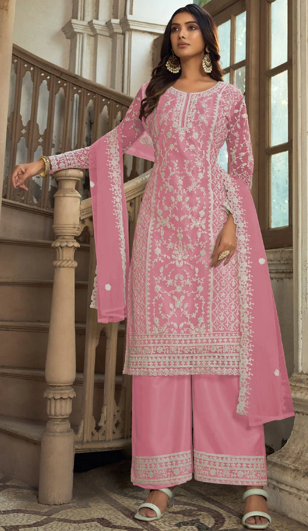 Pink Butterfly Net Embroidery Work Pakistani Palazzo Suit - 8439182444