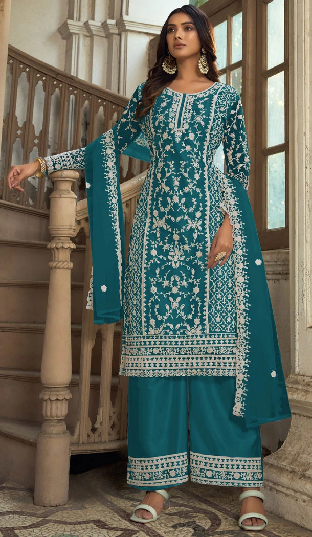 Teal Blue Butterfly Net Embroidery Work Pakistani Palazzo Suit - 8439182445