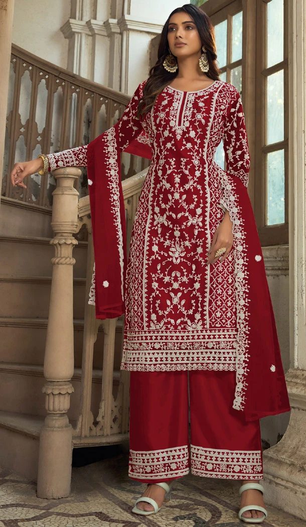 Maroon Butterfly Net Embroidery Work Pakistani Palazzo Suit - 8439182446