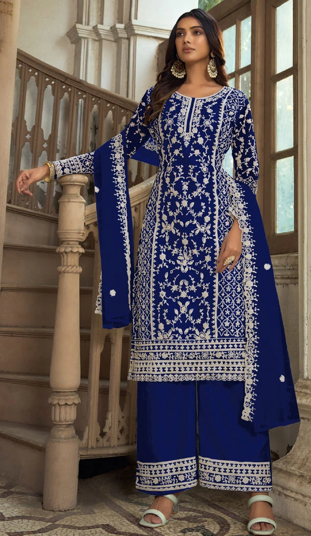 Navy Blue Butterfly Net Embroidery Work Pakistani Palazzo Suit - 8439182447
