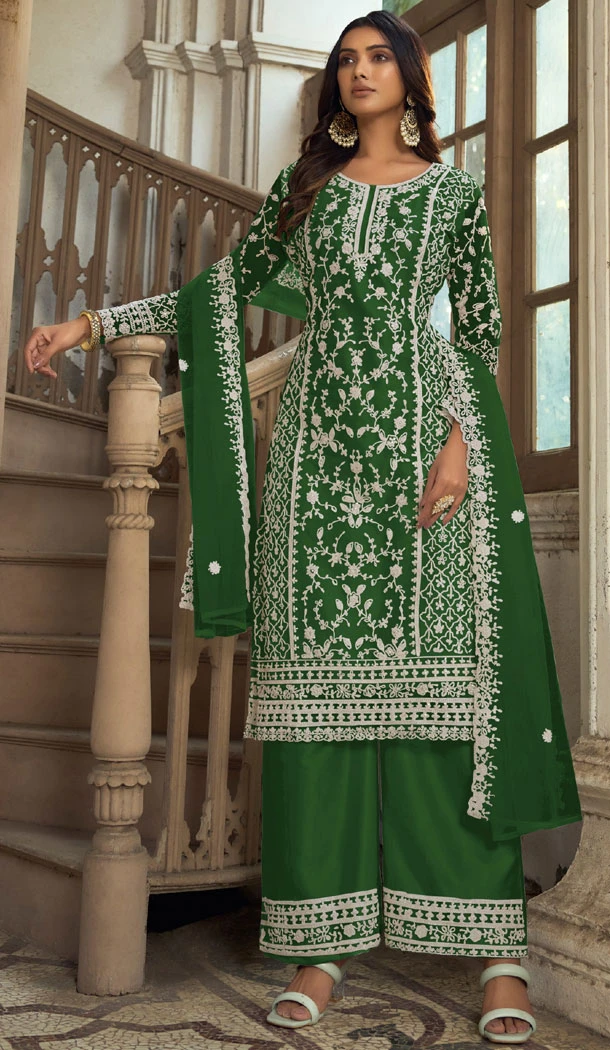Green Butterfly Net Embroidery Work Pakistani Palazzo Suit - 8439182448