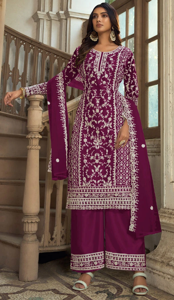 Purple Butterfly Net Embroidery Work Pakistani Palazzo Suit - 8439182449