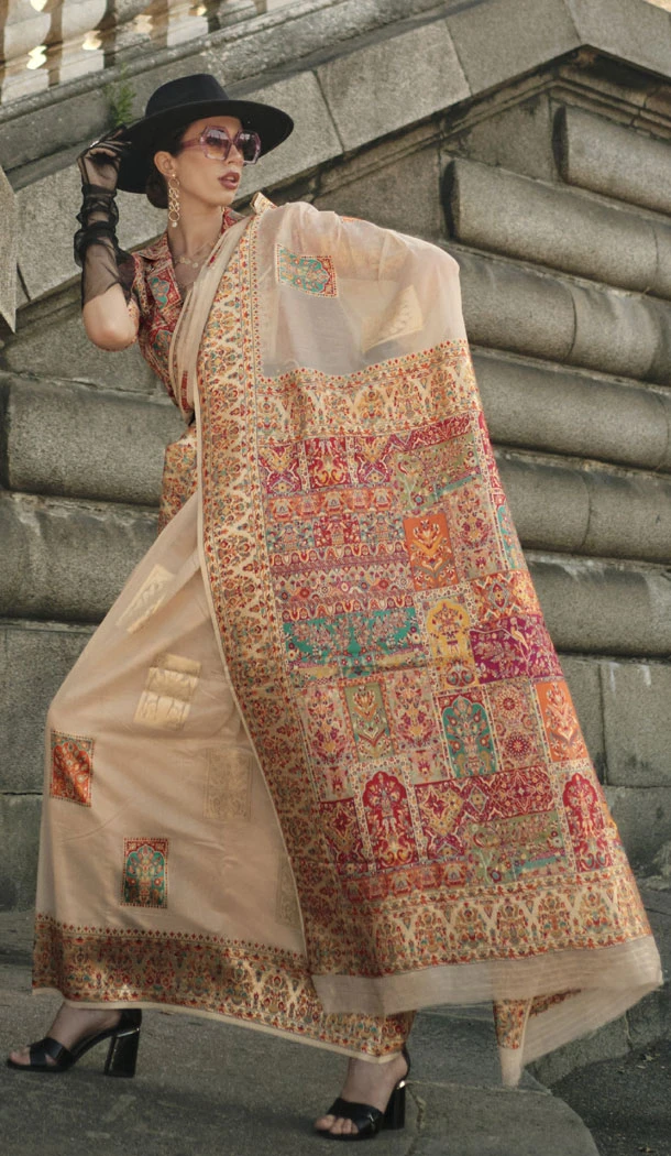 Kashmiri Silk Beige Handloom Weaving Work Designer Saree - 8445182511