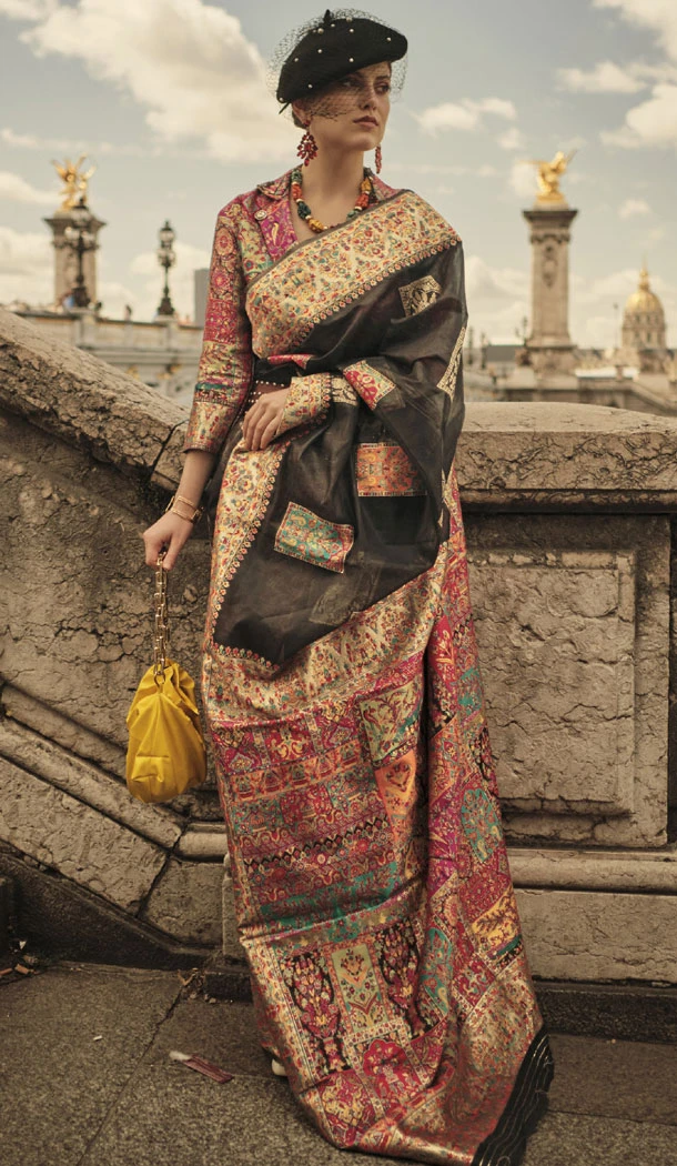 Kashmiri Silk Black Handloom Weaving Work Designer Saree - 8445182514