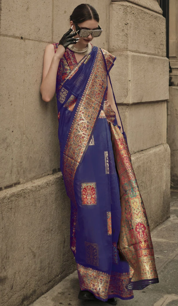 Kashmiri Silk Royal Blue Handloom Weaving Work Designer Saree - 8445182516
