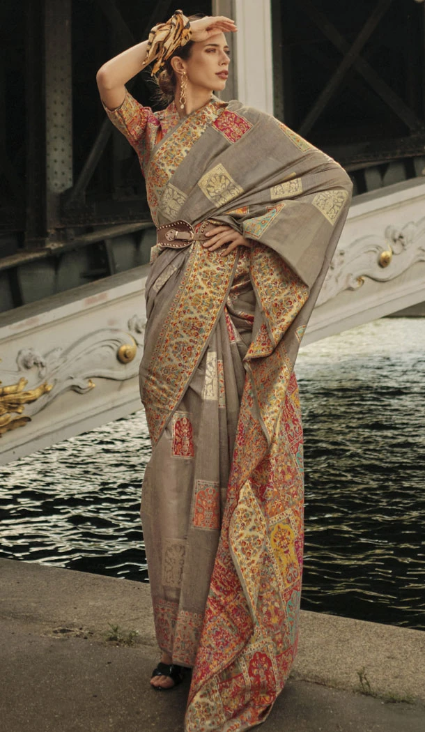 Kashmiri Silk Handloom Weaving Work Designer Saree in Multi Color - 8445182518