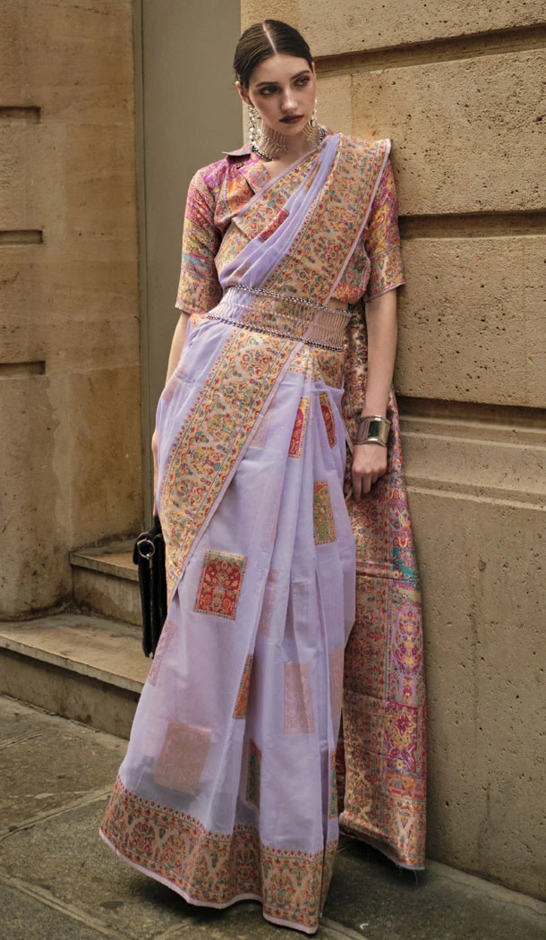 Kashmiri Silk Lavender Handloom Weaving Work Designer Saree - 8445182519
