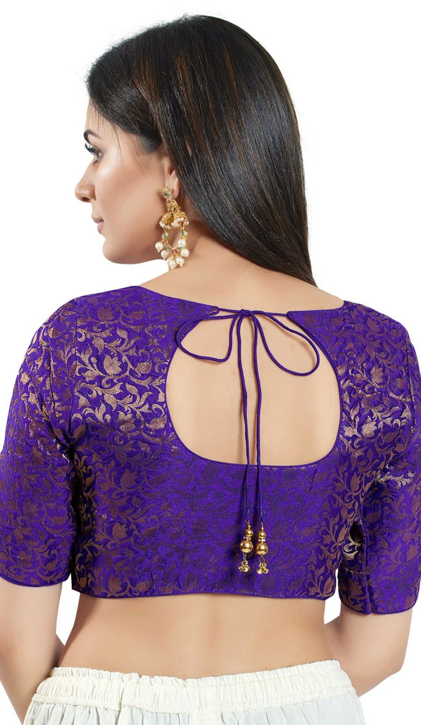 Brinjal Brocade Woven Work Readymade Saree Blouse - 8451182537