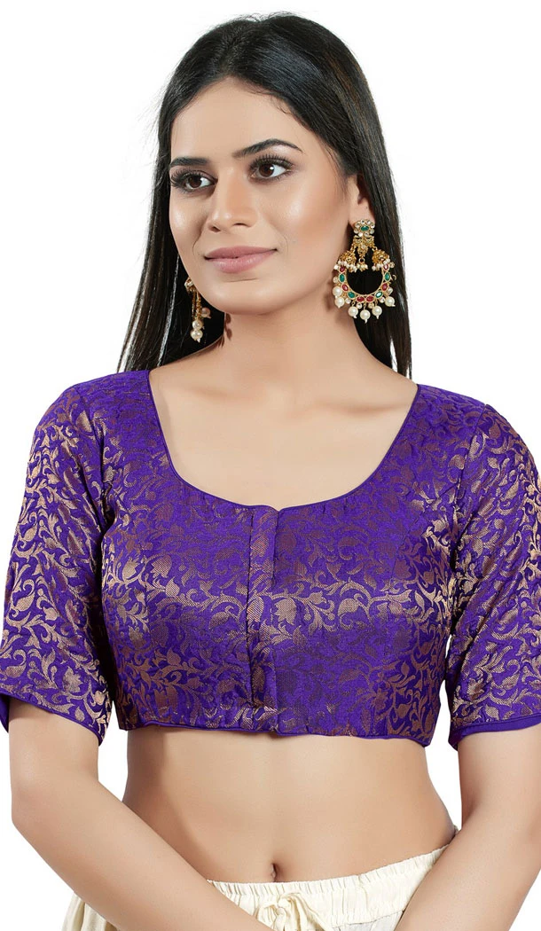 Brinjal Brocade Woven Work Readymade Saree Blouse - 8451182537