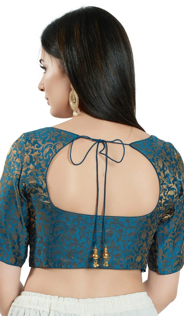 Fire Blue Brocade Woven Work Readymade Saree Blouse - 8451182538