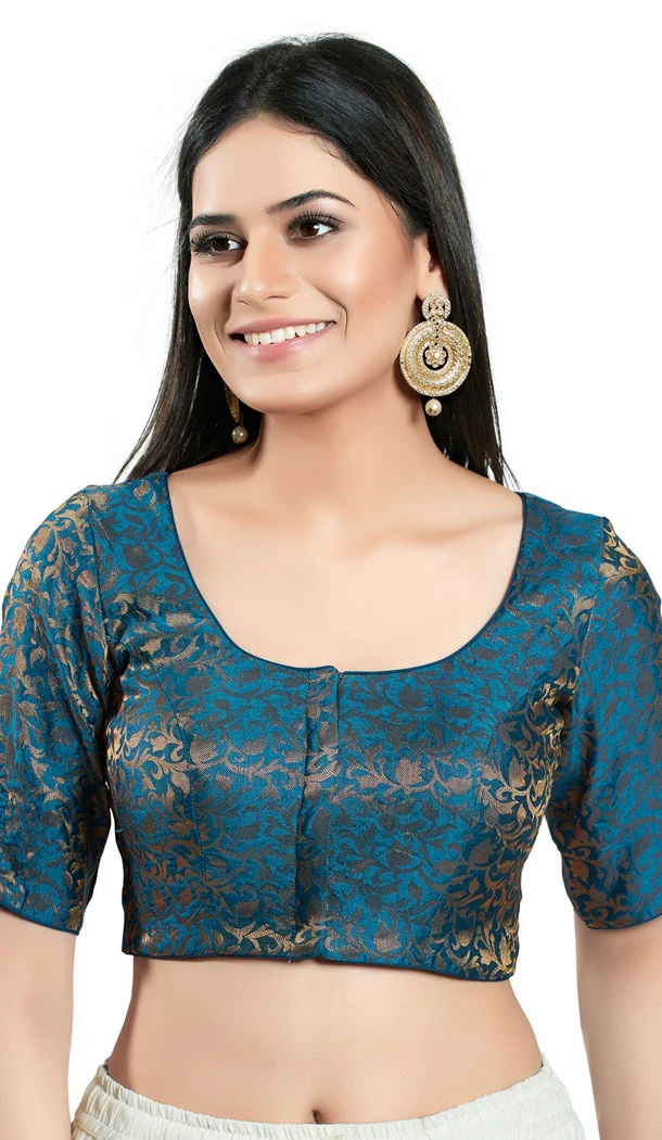 Fire Blue Brocade Woven Work Readymade Saree Blouse - 8451182538
