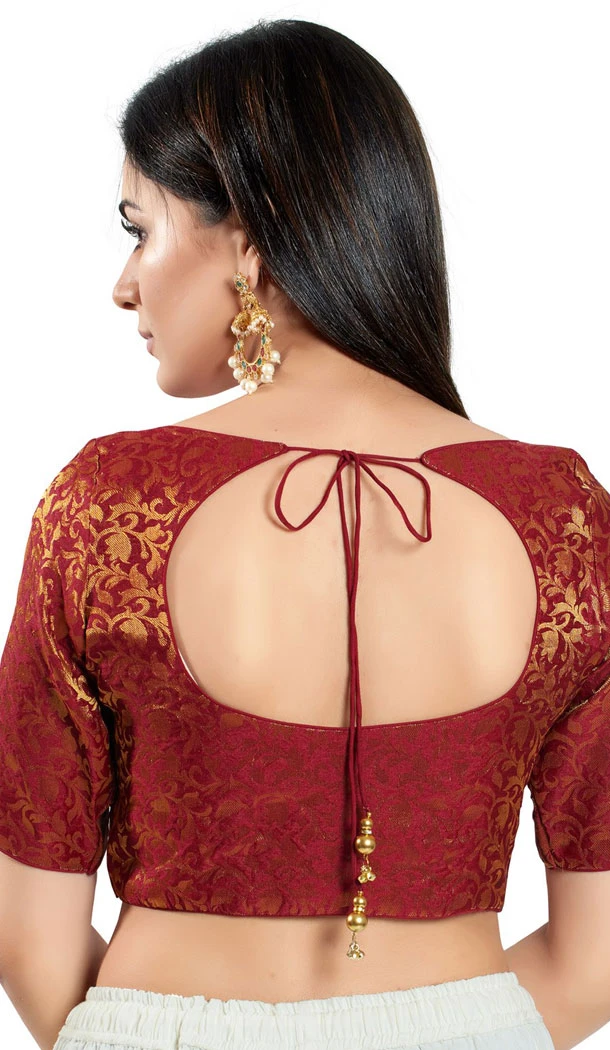Maroon Brocade Woven Work Readymade Saree Blouse - 8451182543
