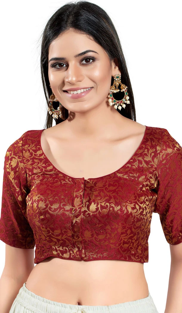 Maroon Brocade Woven Work Readymade Saree Blouse - 8451182543