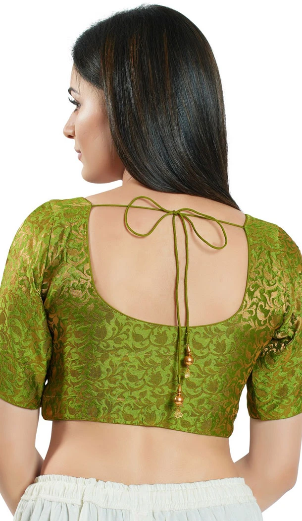 Mehendi Green Brocade Woven Work Readymade Saree Blouse - 8451182544