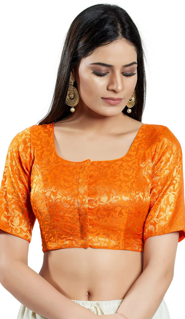 Orange Brocade Woven Work Readymade Saree Blouse - 8451182546