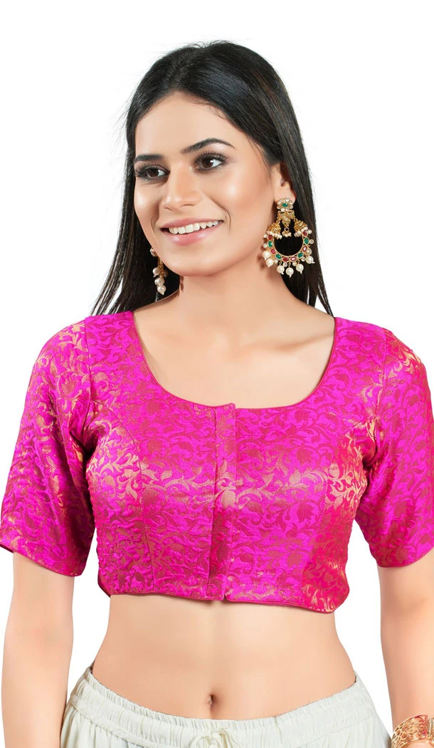 Pink Brocade Woven Work Readymade Saree Blouse - 8451182547