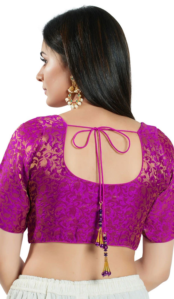 Purple Brocade Woven Work Readymade Saree Blouse - 8451182548