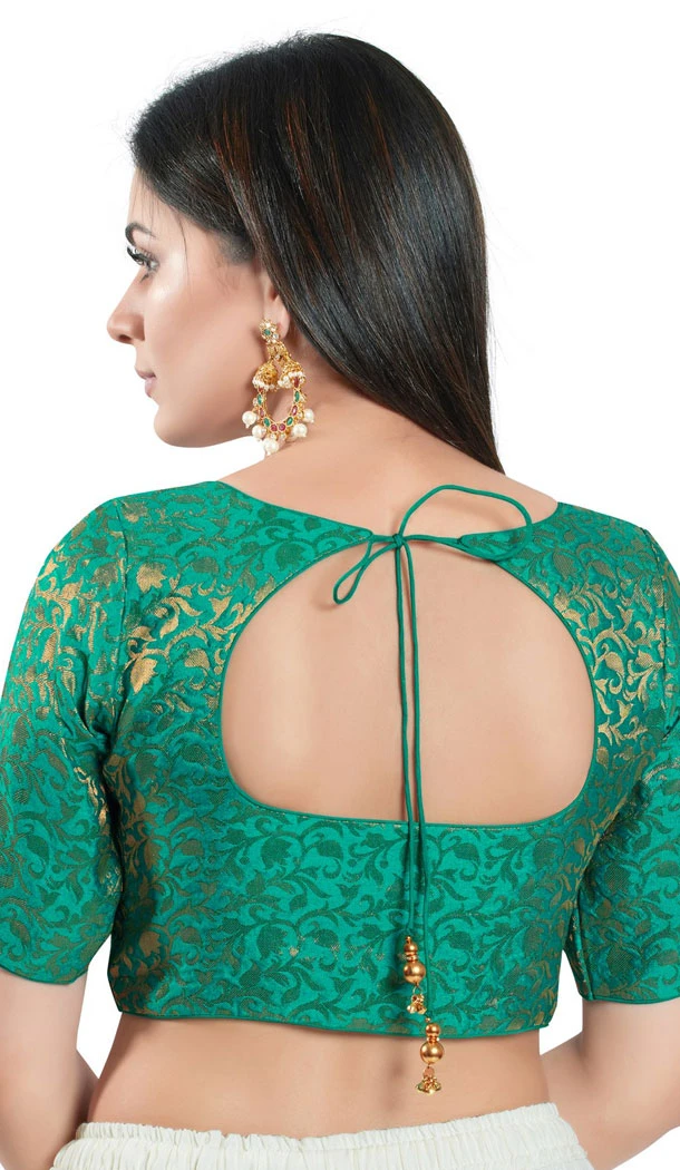 Rama Green Brocade Woven Work Readymade Saree Blouse - 8451182549