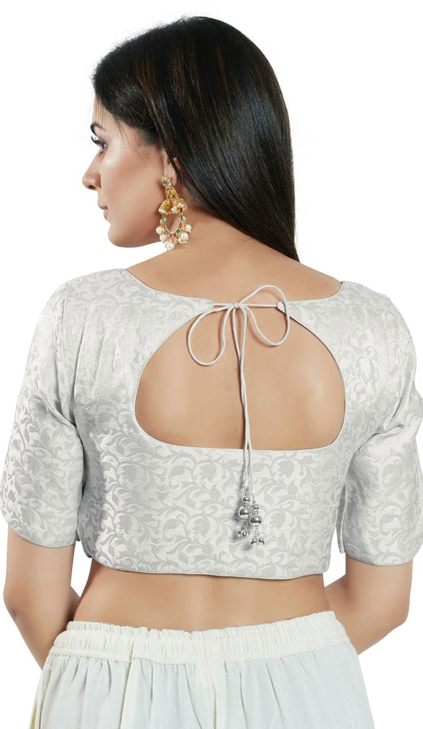 Silver Brocade Woven Work Readymade Saree Blouse - 8451182551