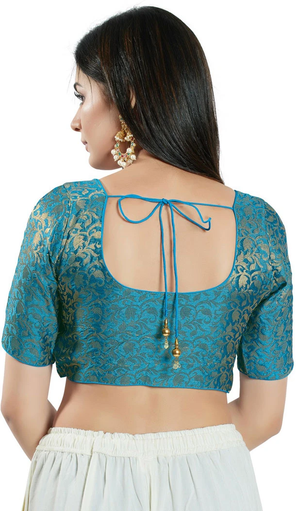 Sky Blue Brocade Woven Work Readymade Saree Blouse - 8451182552