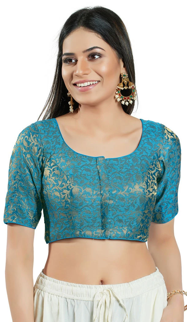 Sky Blue Brocade Woven Work Readymade Saree Blouse - 8451182552