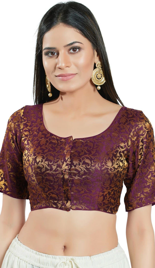 Wine Brocade Woven Work Readymade Saree Blouse - 8451182553