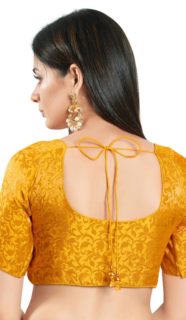Yellow Brocade Woven Work Readymade Saree Blouse - 8451182554