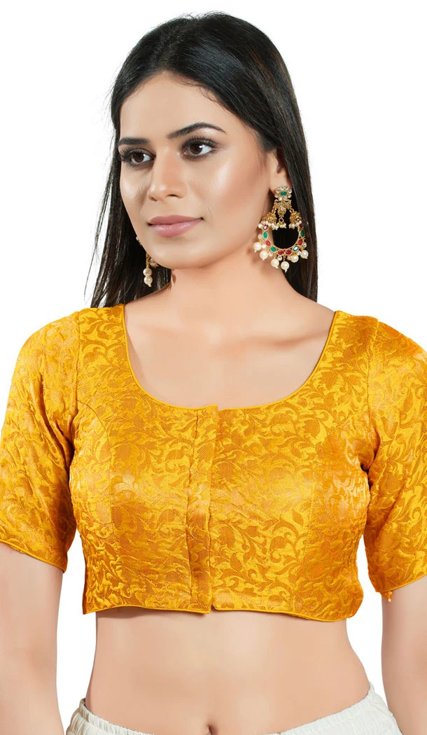 Yellow Brocade Woven Work Readymade Saree Blouse - 8451182554