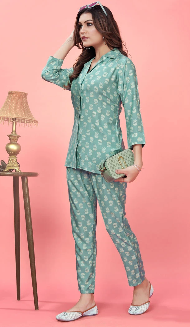 Silk Printed Work Readymade Kurti With Pant In Sky Blue Color - 8455182580