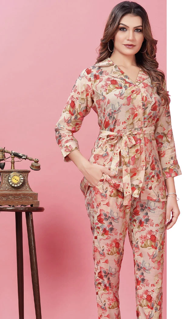 Rayon With Printed Work Readymade Kurti With Pant In Peach - 8456182584