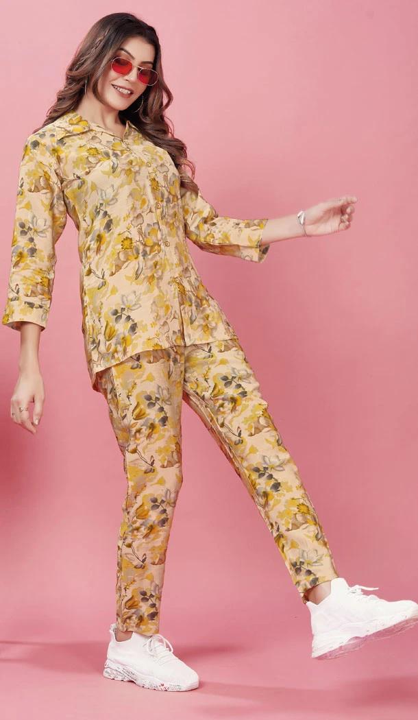 Rayon With Printed Work Readymade Kurti With Pant In Yellow - 8456182585