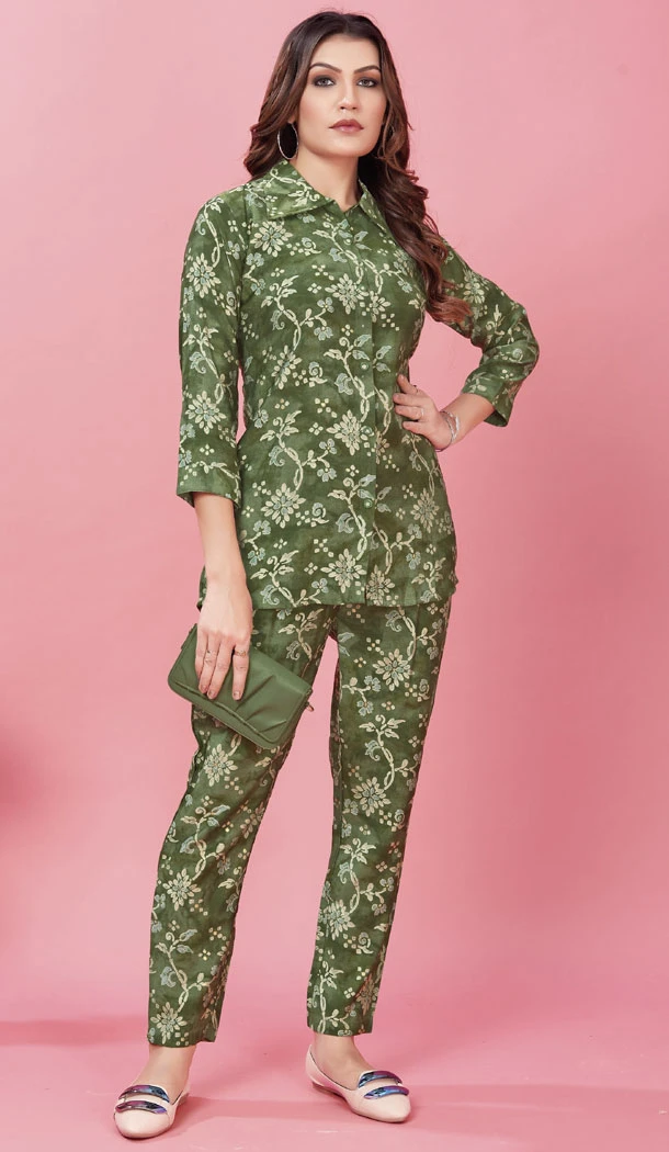 Chanderi With Printed Work Readymade Kurti With Pant In Bottle Green - 8456182587