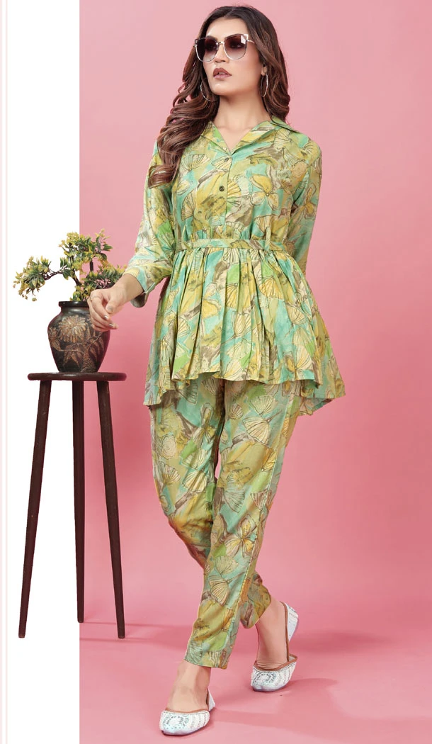 Rayon With Printed Work Readymade Kurti With Pant In Green - 8456182588