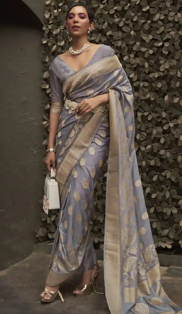 Nylon Chinon Weaving Work Grey Color Indian Saree - 8464182615