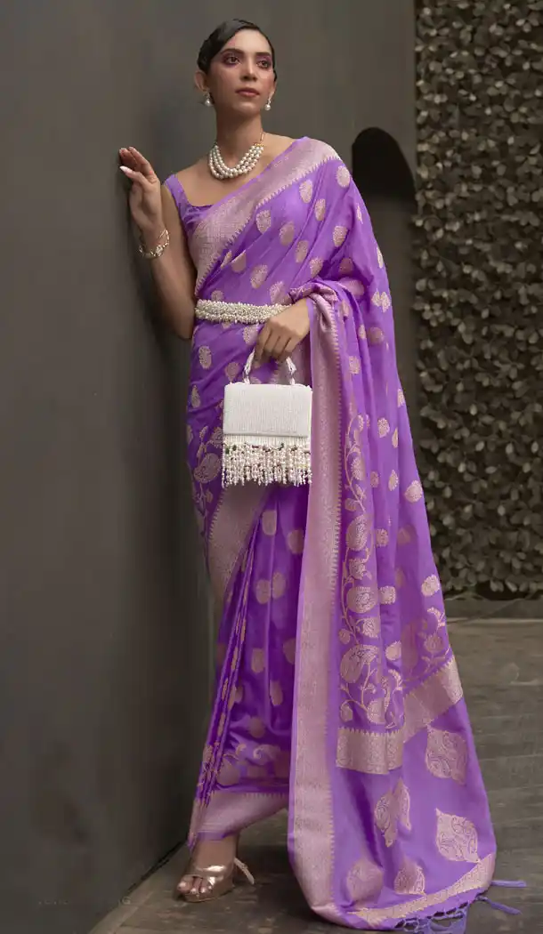 Nylon Chinon Weaving Work Purple Color Indian Saree - 8464182616