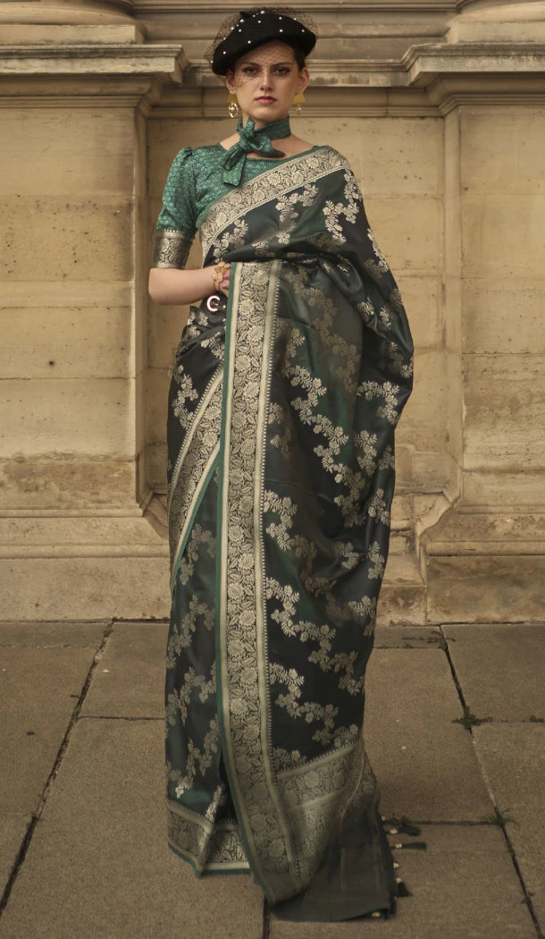 Satin Handloom Weaving Work Green Indian Wear Saree - 8465182620