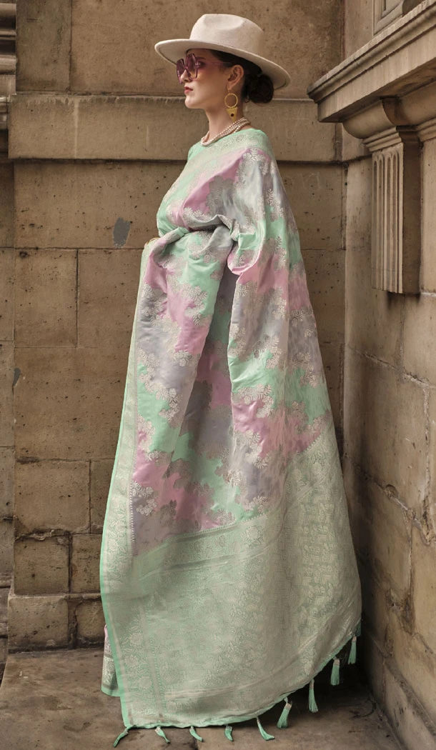 Satin Handloom Weaving Work Mint Green Indian Wear Saree - 8465182621