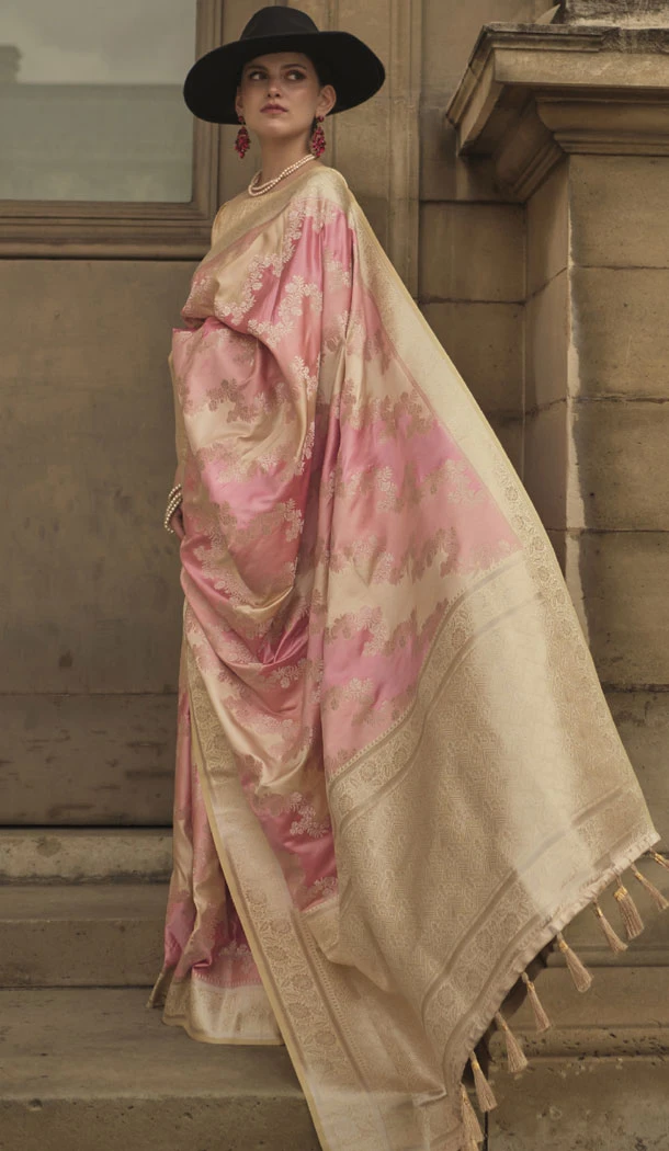 Satin Handloom Weaving Work Pink Indian Wear Saree - 8465182622