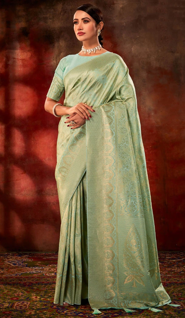 Sky Blue Jacquard Work Kanchivaram Silk Indian Saree - 8466182631
