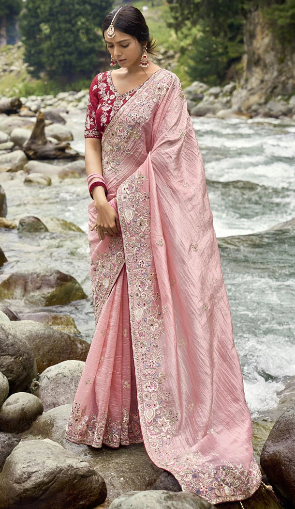 Light Pink Silk Embroidery Heavy Wedding Wear Indian Saree - 8467182632