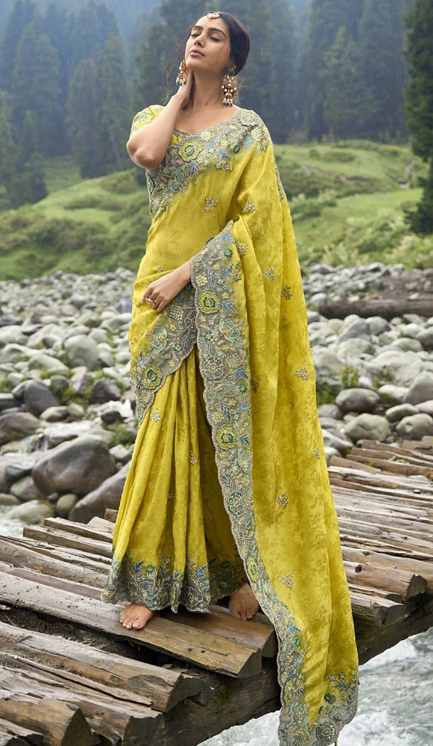 Yellow Silk Embroidery Heavy Wedding Wear Indian Saree - 8467182634