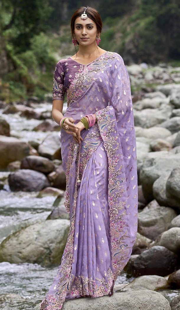 Lavender Silk Embroidery Heavy Wedding Wear Indian Saree - 8467182636